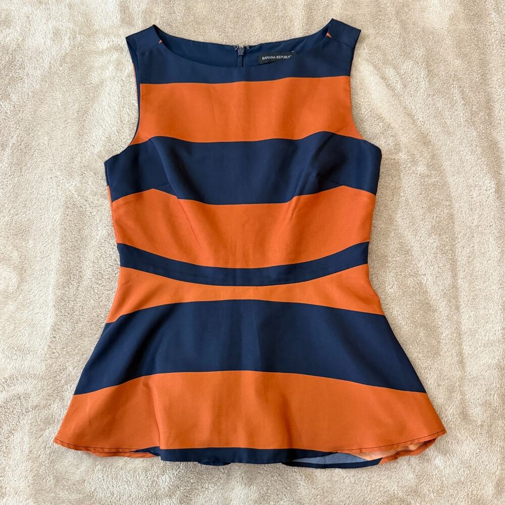 Banana Republic Striped Peplum Sleeveless Tank Top Orange Navy Blue Blouse Sz 2